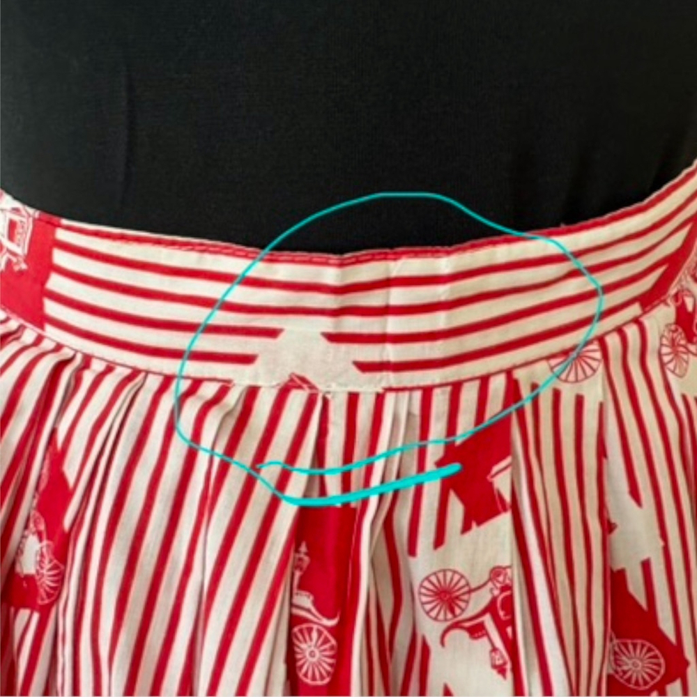 Vintage 1950s Red White Stripe Carriage Print Circle Skirt XXS XS - Picture 5 of 8